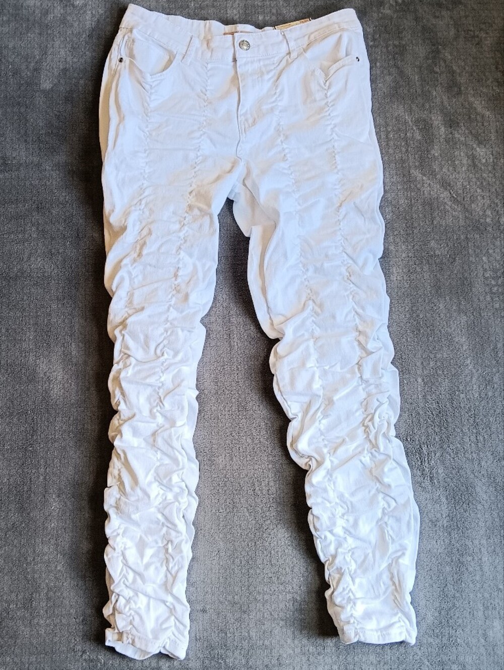 White Stacked Ruched Accordion Jeans Skinny High Rise Pants, Elite Jeans 15/16